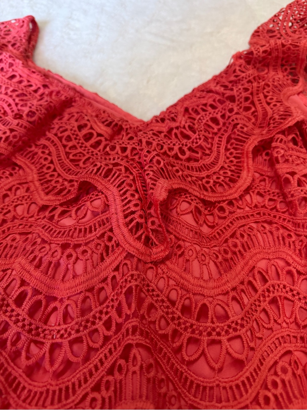 SAYLOR Red Lace Ruffle-Hem Mini Dress - Picture 2 of 4